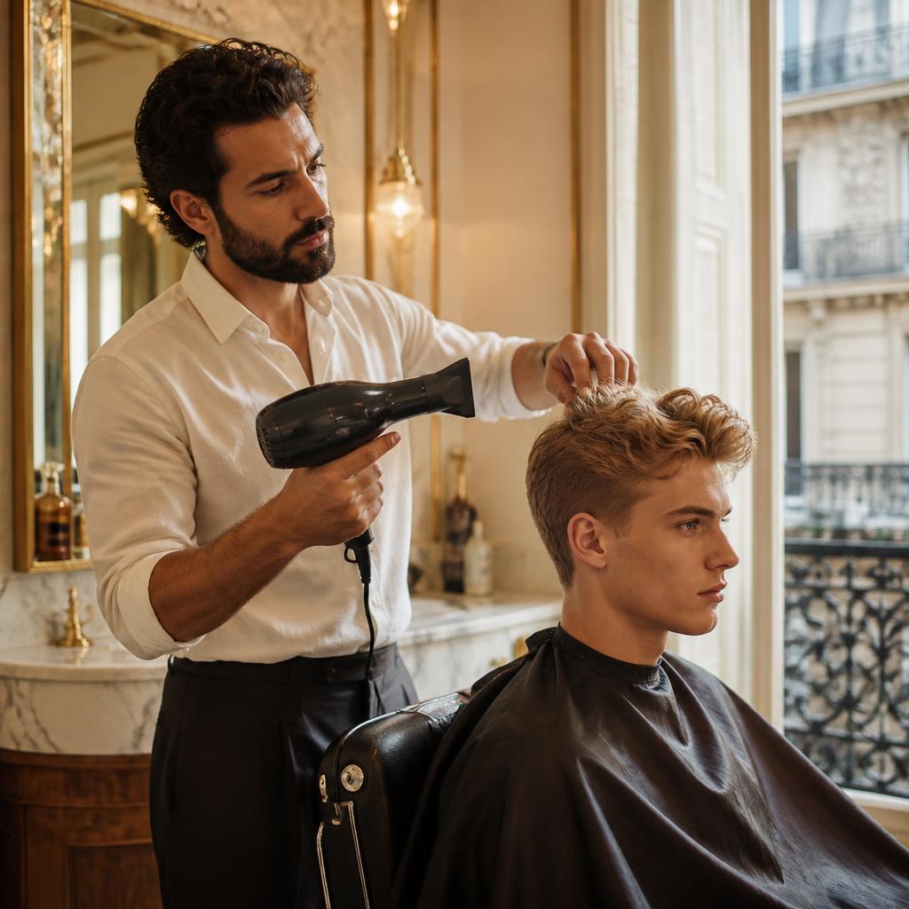 Coupe homme aux ciseaux dans l'atelier